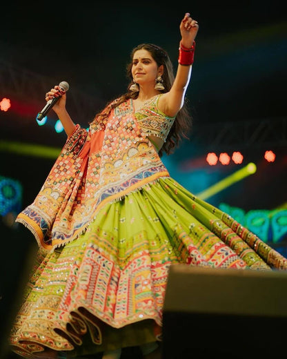 Gujarati Navratri Garba Lehenga Choli in Muslin Cotton with Digital Print, Real Mirror Embroidery & Handwork Lace Dupatta