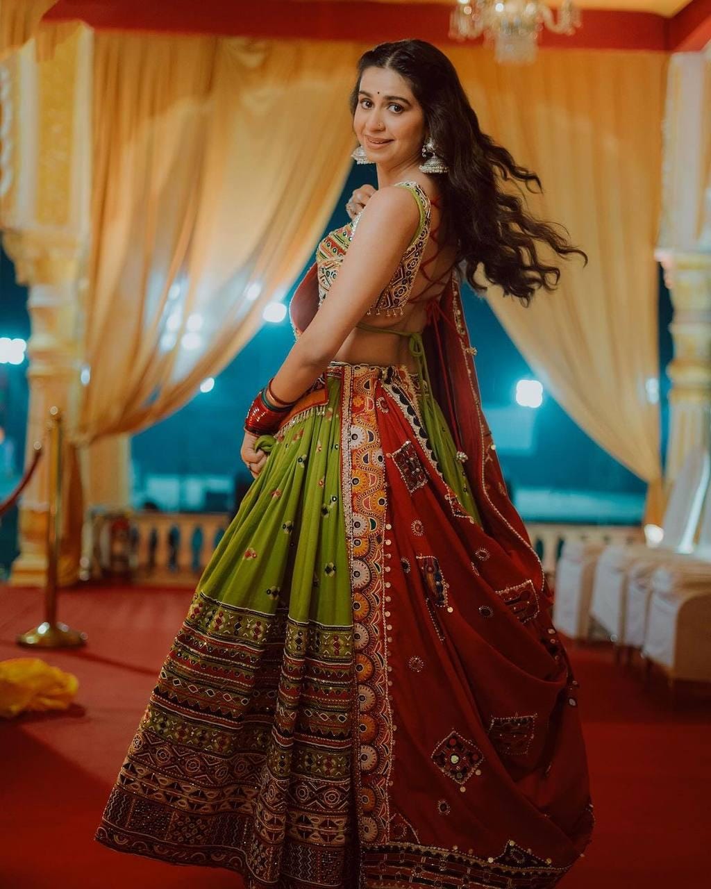 Gujarati Navratri Garba Lehenga Choli in Muslin Cotton with Digital Print, Real Mirror Embroidery & Handwork Lace Dupatta