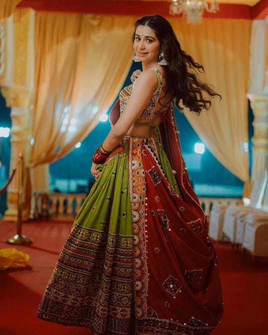 Gujarati Navratri Garba Lehenga Choli in Muslin Cotton with Digital Print, Real Mirror Embroidery & Handwork Lace Dupatta