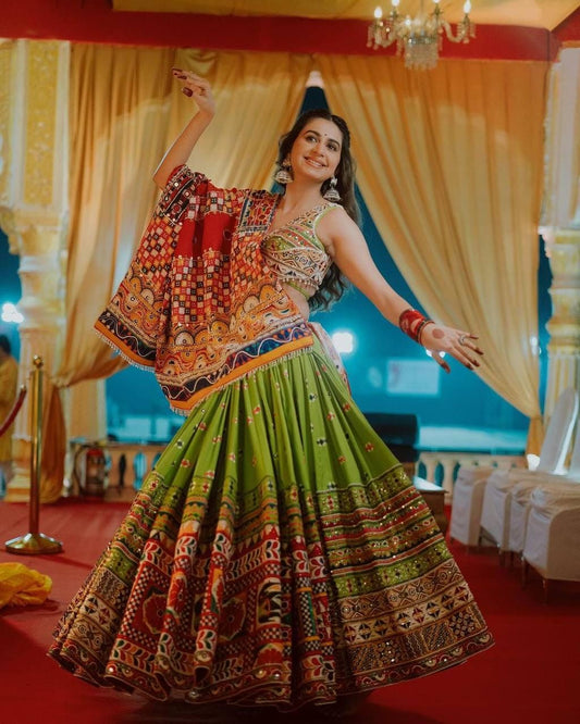 Gujarati Navratri Garba Lehenga Choli in Muslin Cotton with Digital Print, Real Mirror Embroidery & Handwork Lace Dupatta