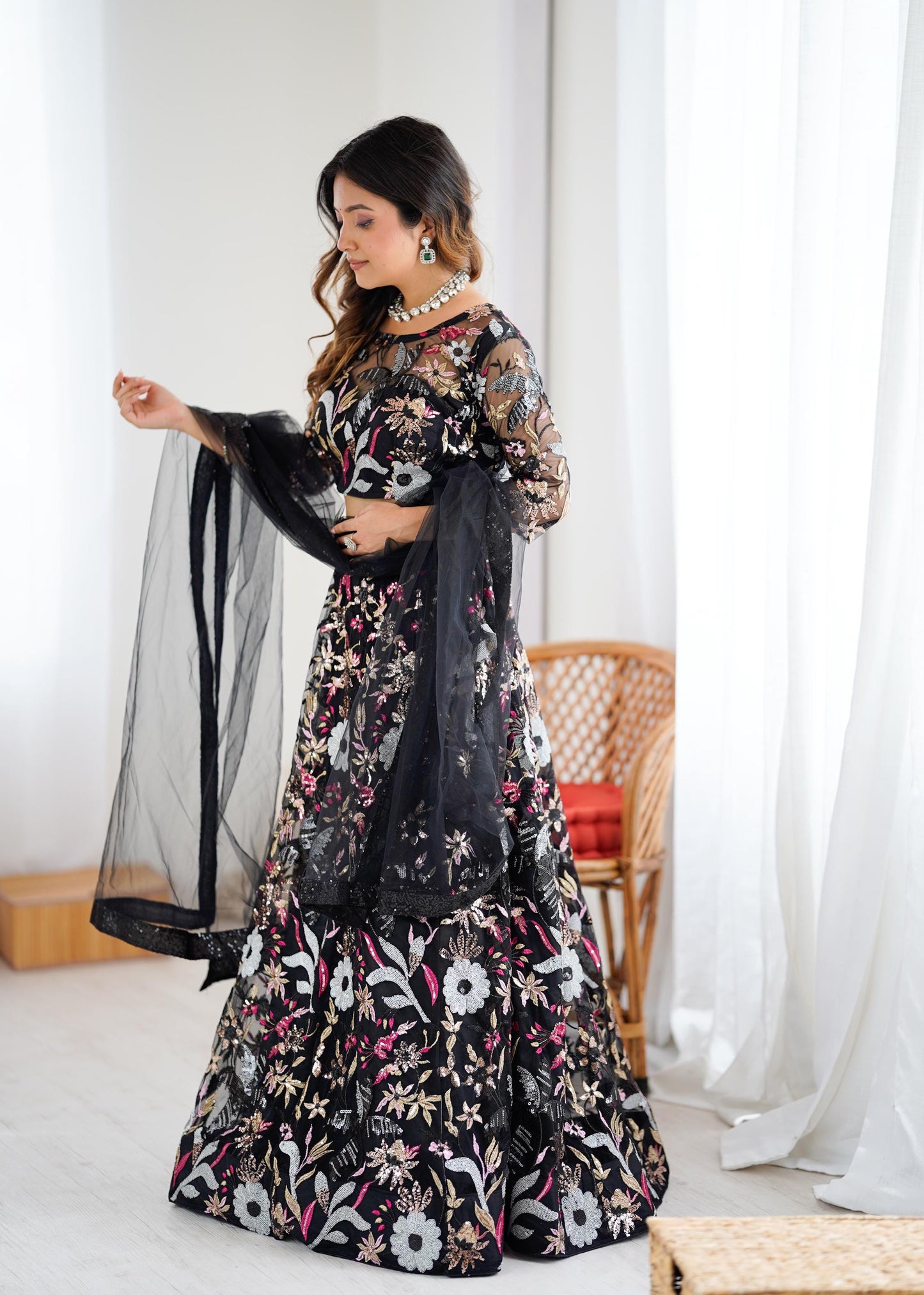 Butterfly Net Lehenga Choli with Heavy Embroidery & Four Sequins Work, Designer Bridal Party Wear Outfit with Dupatta