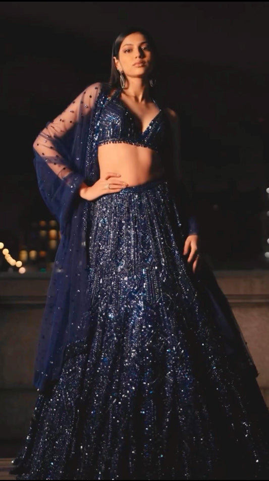 Designer Net Lehenga Choli with Sequins & Dori Work Dupatta | Bridal Party Wear Indian Outfit | Wedding Reception Dress