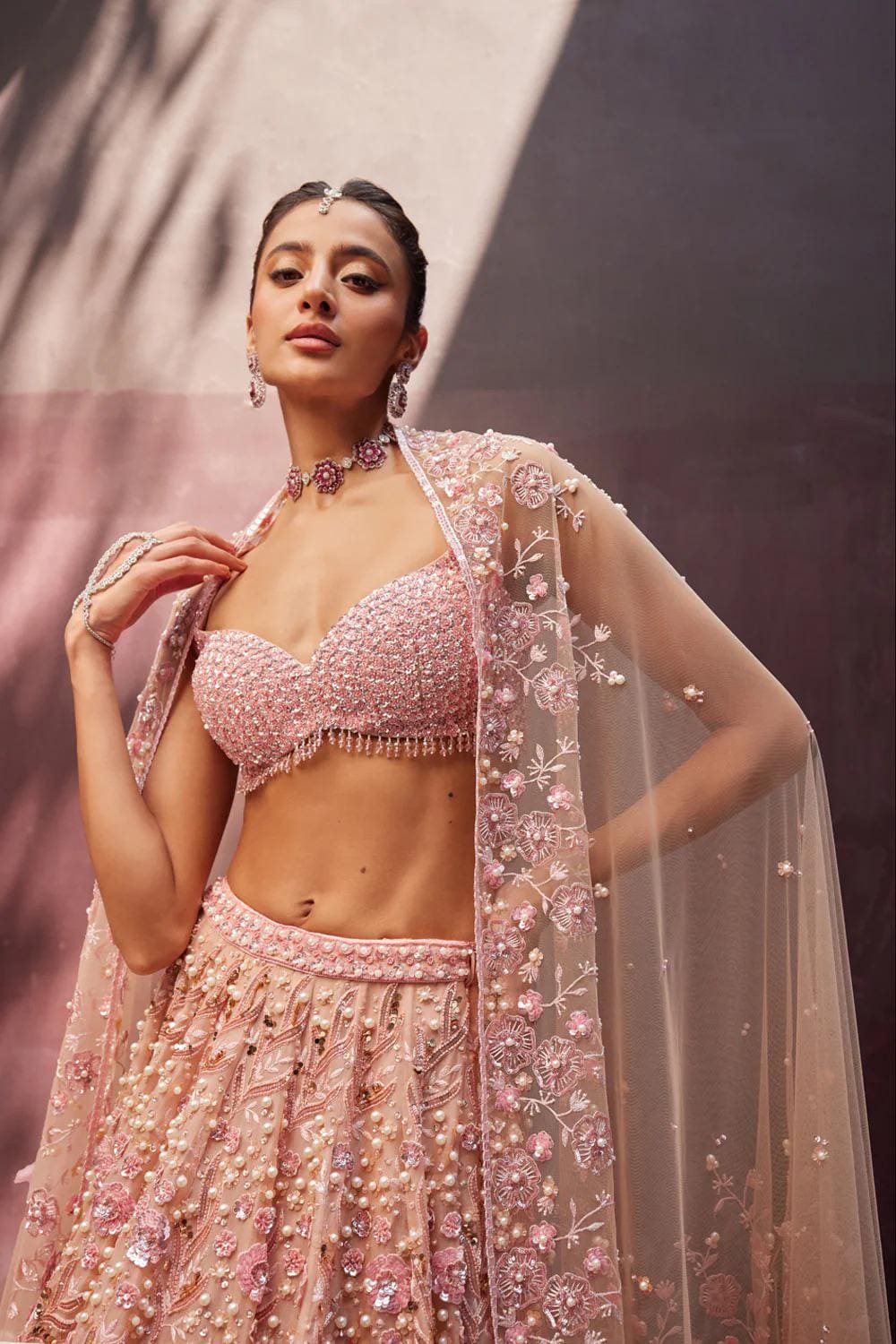 Pastel Pearl Beaded Lehenga Choli with Sequins and Dori Embroidery, Georgette Bridal Wear Outfit with Net Dupatta for Wedding & Party