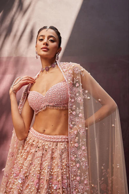 Pastel Pearl Beaded Lehenga Choli with Sequins and Dori Embroidery, Georgette Bridal Wear Outfit with Net Dupatta for Wedding & Party