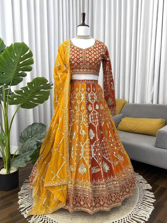 Designer Georgette Lehenga Choli with Heavy Thread & Sequin Embroidery, 4.8m Flared Skirt and Dupatta – Wedding And Festive Wear