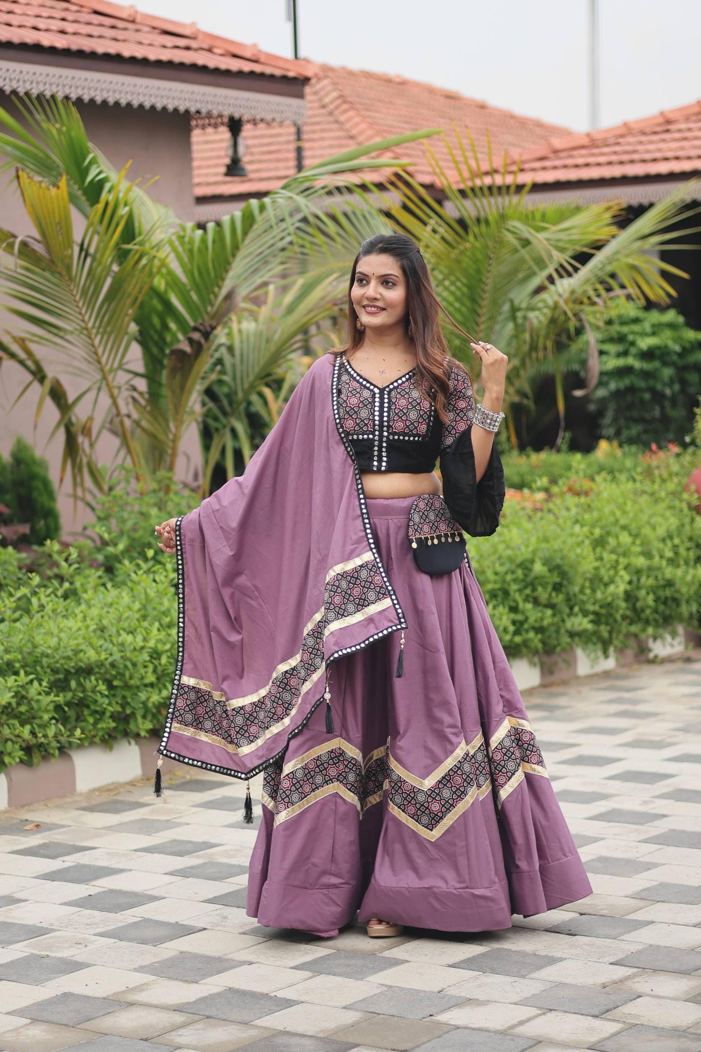 Navratri Special Ajrakh Print Cotton Lehenga Choli with Dupatta & Purse | 6 Meter Flair Mirror Work Indian Ethnic Festive Outfit