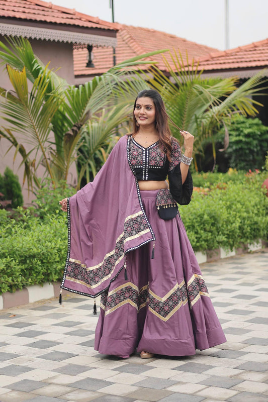 Navratri Special Ajrakh Print Cotton Lehenga Choli with Dupatta & Purse | 6 Meter Flair Mirror Work Indian Ethnic Festive Outfit