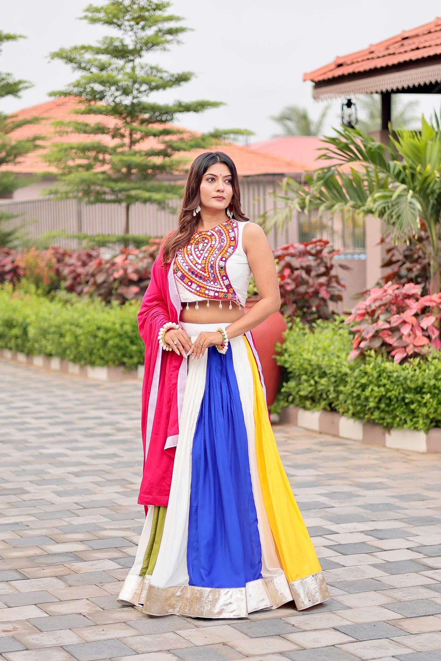 Navratri Special Gamthi Work Lehenga Choli with Mirror Embroidery, 6 Meter Flair Cotton Dupatta & Hand Purse Gift – Festival Outfit