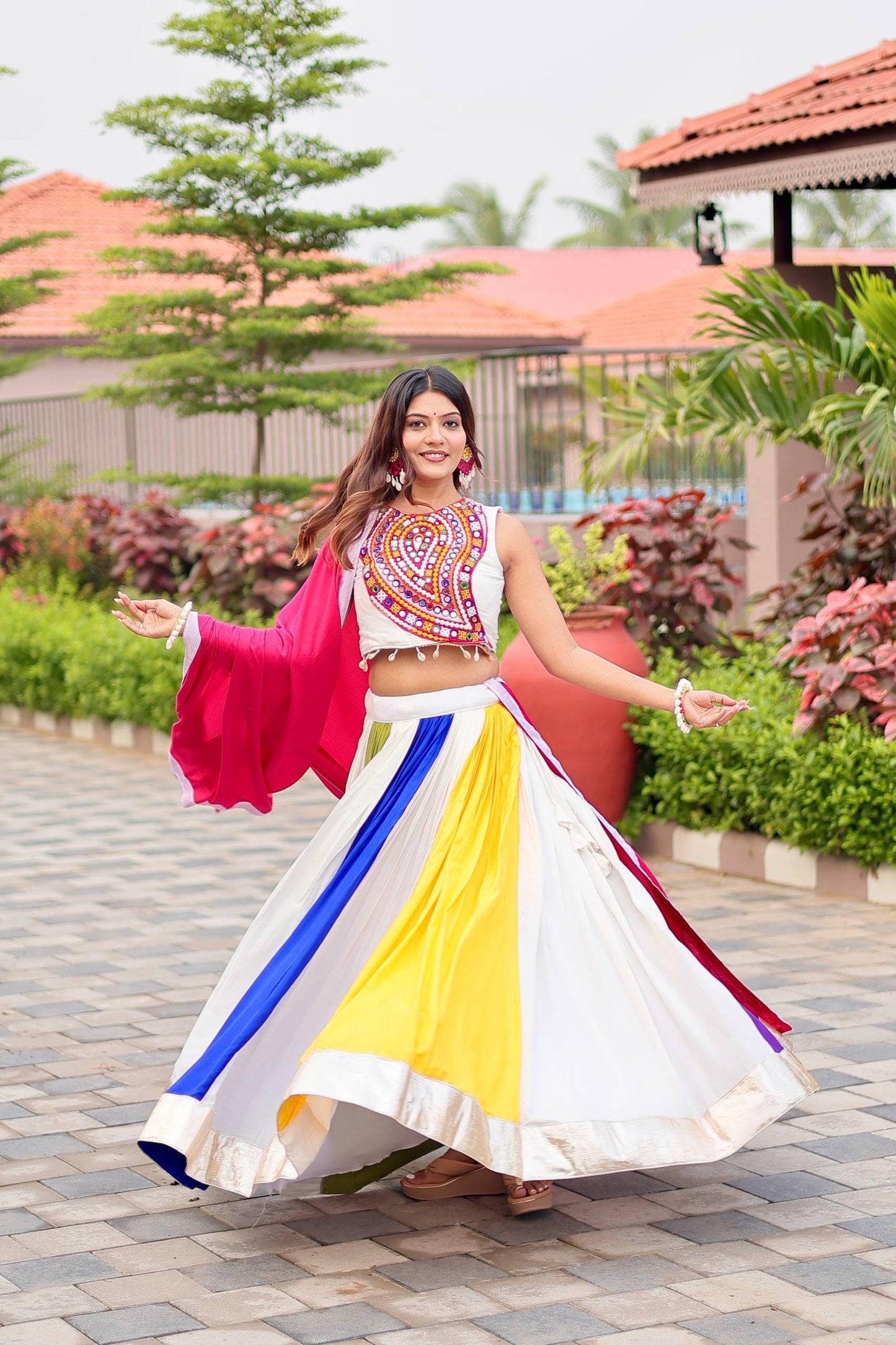 Navratri Special Gamthi Work Lehenga Choli with Mirror Embroidery, 6 Meter Flair Cotton Dupatta & Hand Purse Gift – Festival Outfit