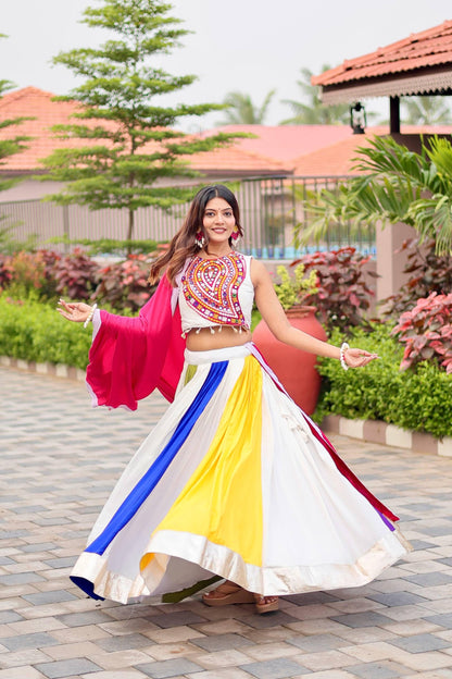 Navratri Special Gamthi Work Lehenga Choli with Mirror Embroidery, 6 Meter Flair Cotton Dupatta & Hand Purse Gift – Festival Outfit