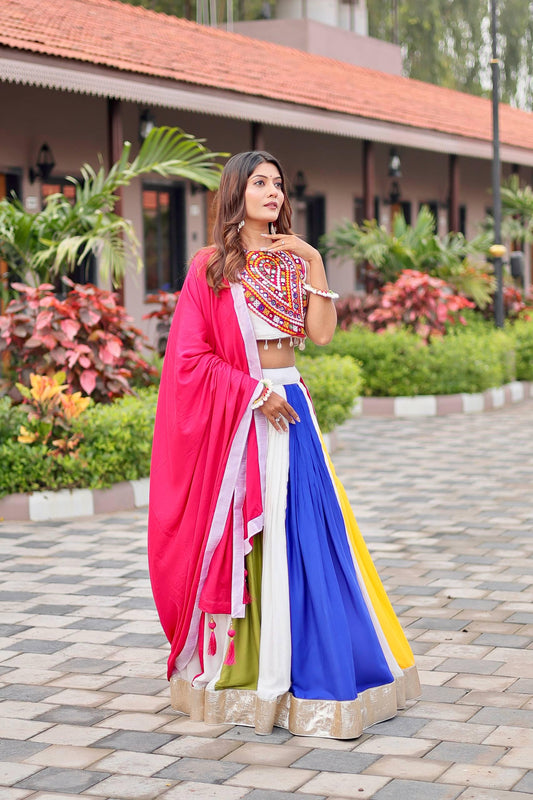Navratri Special Gamthi Work Lehenga Choli with Mirror Embroidery, 6 Meter Flair Cotton Dupatta & Hand Purse Gift – Festival Outfit