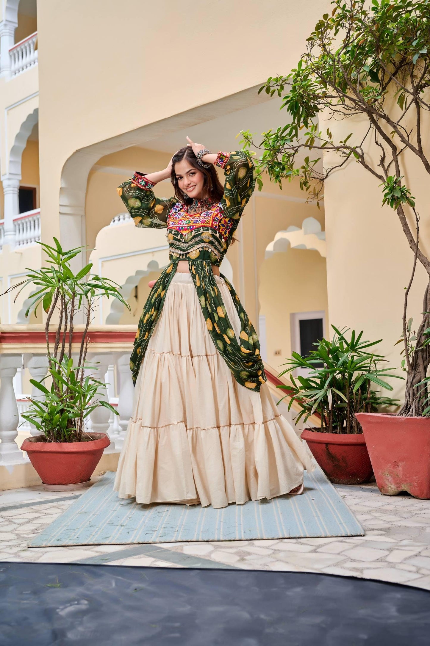 Navratri Gamthi Work Lehenga Choli with Mirror & Ribbon Lace Shrug | Pure Cotton Blue and Green Traditional Garba Outfit for Women