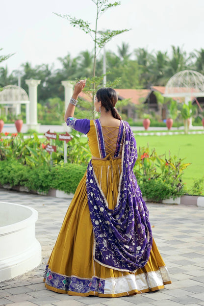 Navratri Special Cotton Lehenga Choli with Embroidery Thread Work, 6 Meter Flair Skirt, Fox Georgette Dupatta & Traditional Lace