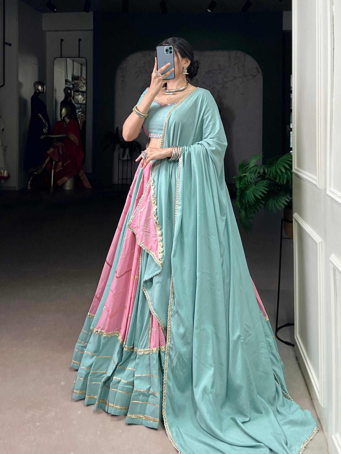 Navratri Chaniya Choli 2025 | Pastel Rayon Georgette Lehenga with Sequins, Thread Embroidery & Mirror Work for Garba Nights