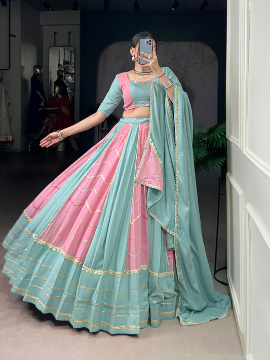 Navratri Chaniya Choli 2025 | Pastel Rayon Georgette Lehenga with Sequins, Thread Embroidery & Mirror Work for Garba Nights