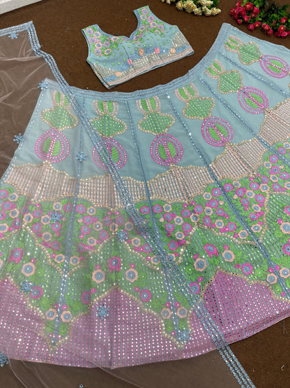 Wedding Wear Faux Georgette Lehenga Choli with Heavy Sequins, Real Mirror Embroidery & Net Dupatta – Bridal Party Outfit