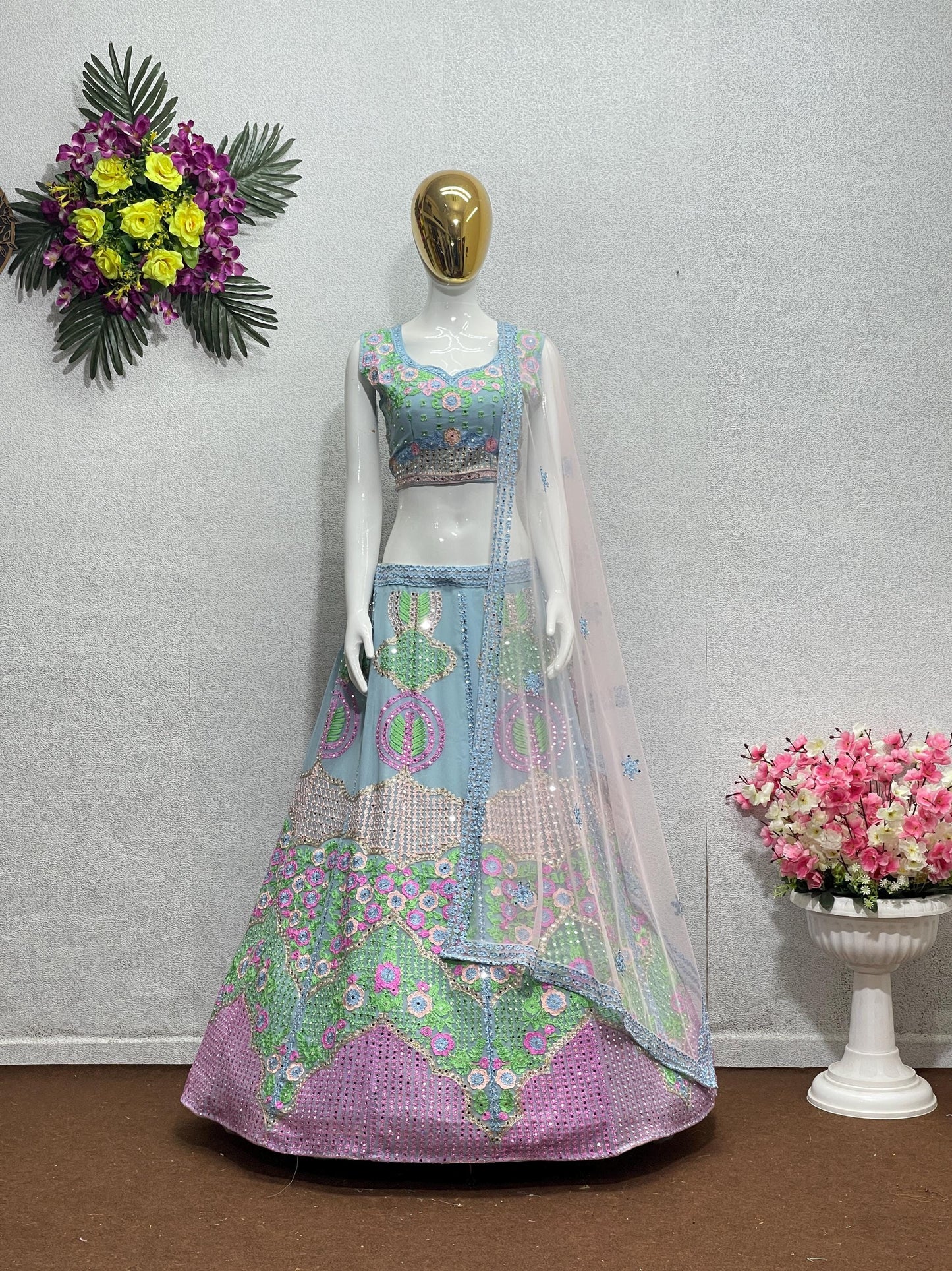 Wedding Wear Faux Georgette Lehenga Choli with Heavy Sequins, Real Mirror Embroidery & Net Dupatta – Bridal Party Outfit