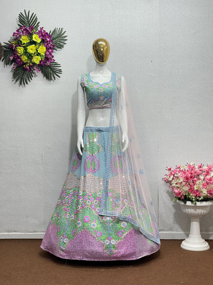 Wedding Wear Faux Georgette Lehenga Choli with Heavy Sequins, Real Mirror Embroidery & Net Dupatta – Bridal Party Outfit