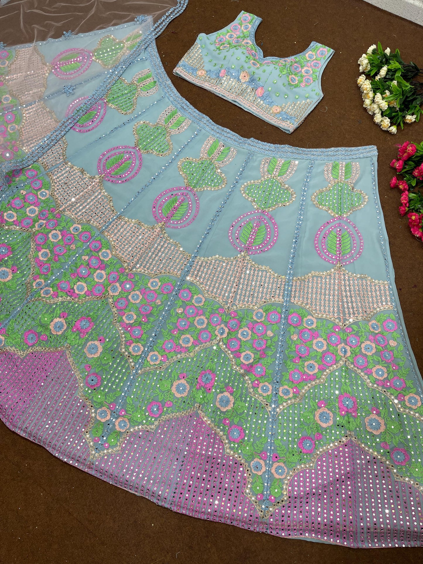Wedding Wear Faux Georgette Lehenga Choli with Heavy Sequins, Real Mirror Embroidery & Net Dupatta – Bridal Party Outfit