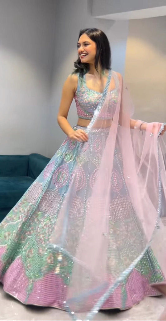 Wedding Wear Faux Georgette Lehenga Choli with Heavy Sequins, Real Mirror Embroidery & Net Dupatta – Bridal Party Outfit