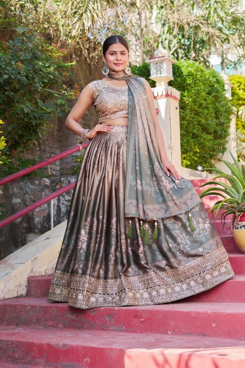 Maslin Satin Lehenga Choli Set with Digital Print and Embroidery, Canvas Can Can Flare Skirt, Maslin Blouse, Dupatta for Wedding
