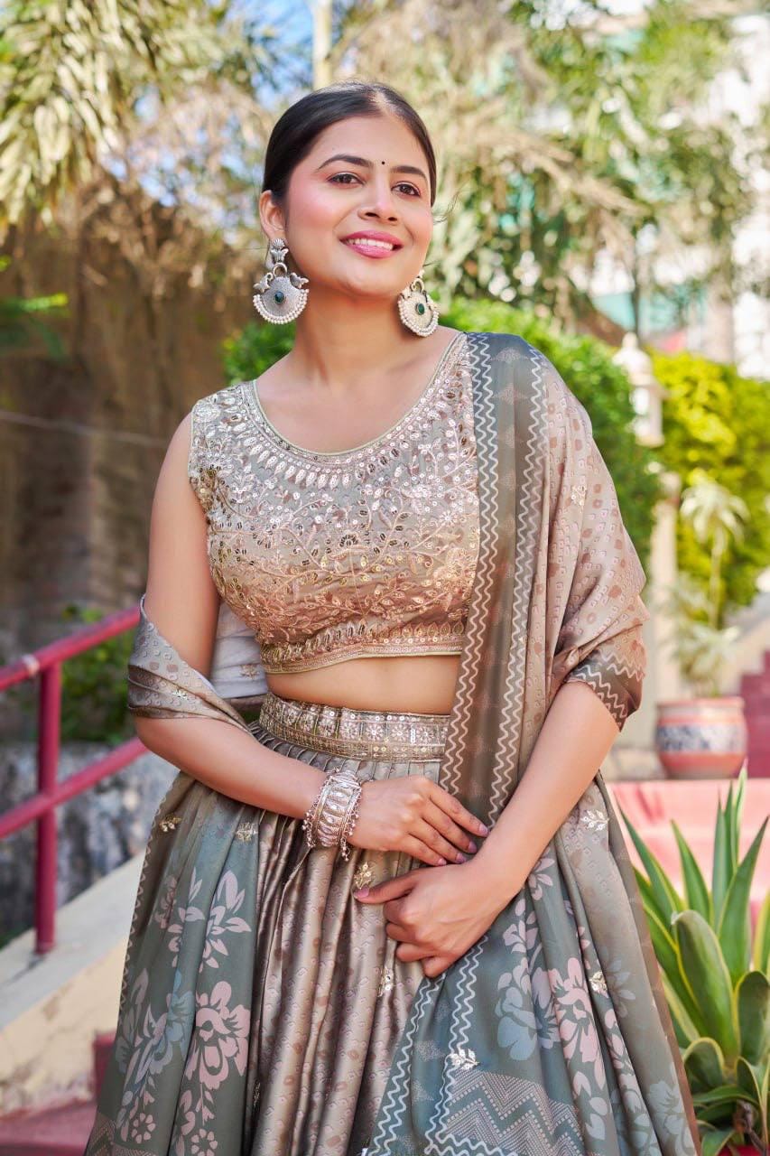 Maslin Satin Lehenga Choli Set with Digital Print and Embroidery, Canvas Can Can Flare Skirt, Maslin Blouse, Dupatta for Wedding