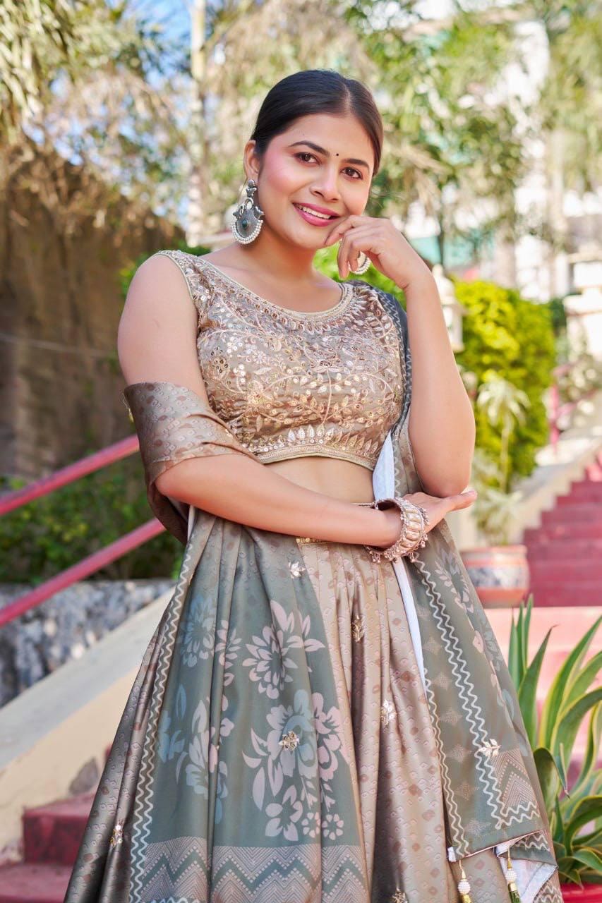Maslin Satin Lehenga Choli Set with Digital Print and Embroidery, Canvas Can Can Flare Skirt, Maslin Blouse, Dupatta for Wedding
