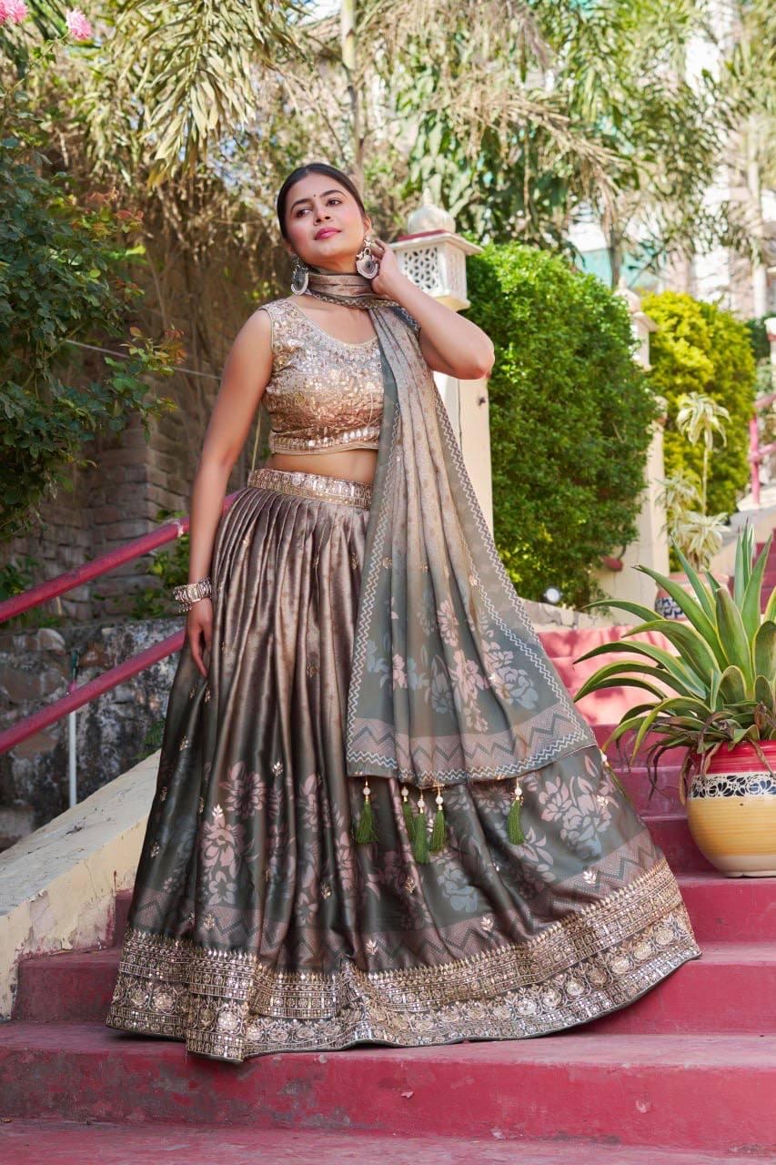 Maslin Satin Lehenga Choli Set with Digital Print and Embroidery, Canvas Can Can Flare Skirt, Maslin Blouse, Dupatta for Wedding