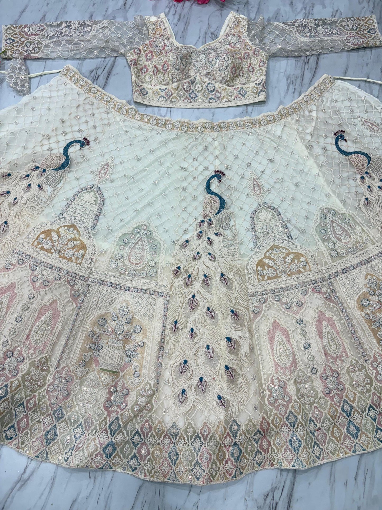 Butterfly Net Lehenga Choli with Multicolor Thread Embroidery, Dual Coding and Heavy Sequins Peacock Design, Cancan Flare Bridal Wear