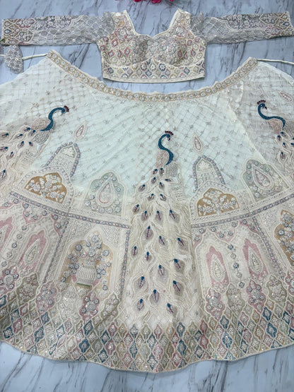 Butterfly Net Lehenga Choli with Multicolor Thread Embroidery, Dual Coding and Heavy Sequins Peacock Design, Cancan Flare Bridal Wear
