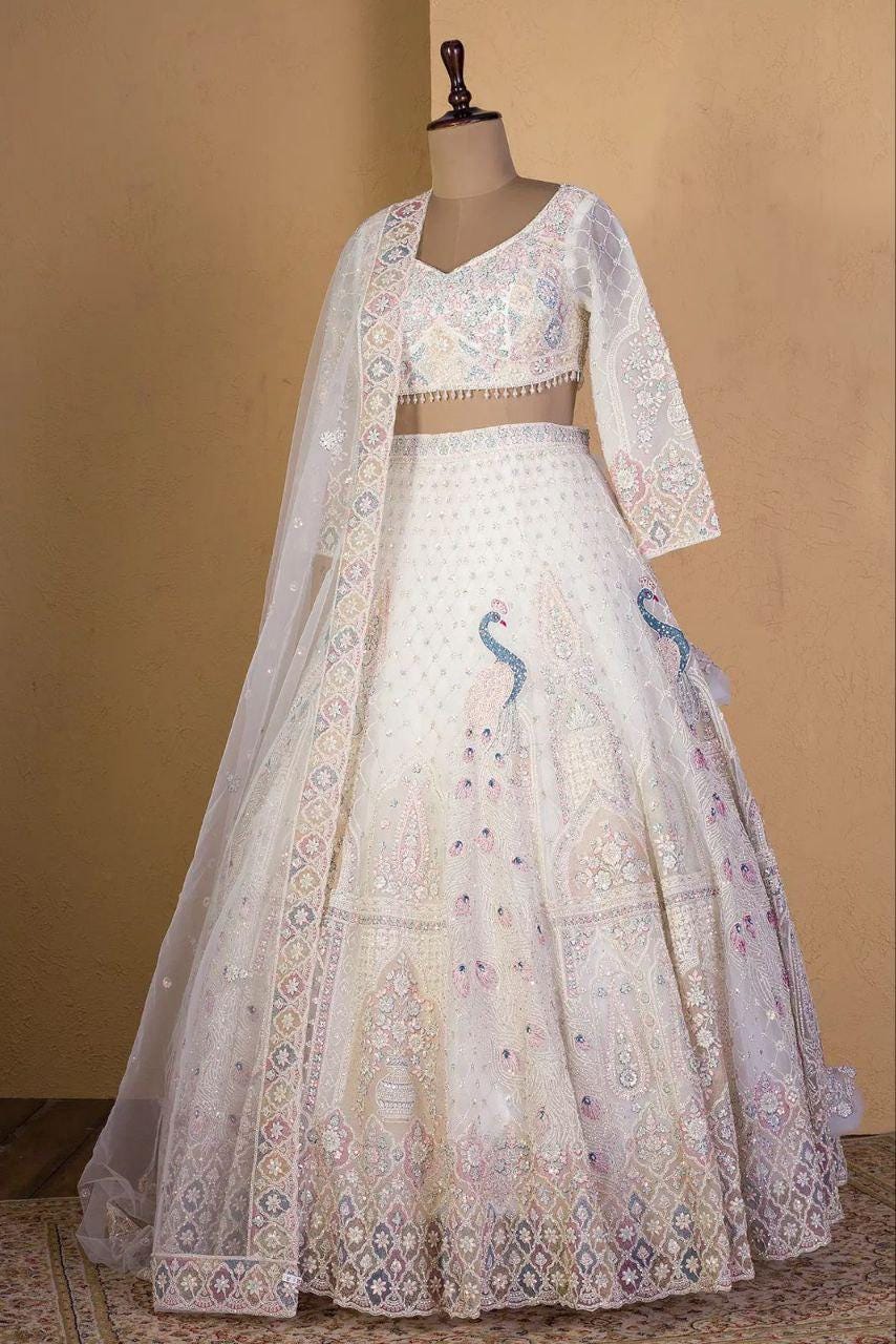 Butterfly Net Lehenga Choli with Multicolor Thread Embroidery, Dual Coding and Heavy Sequins Peacock Design, Cancan Flare Bridal Wear