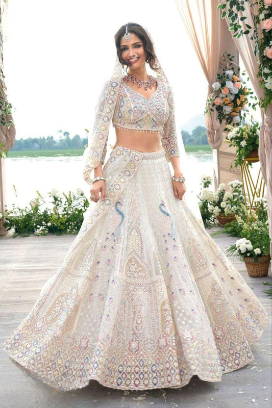 Butterfly Net Lehenga Choli with Multicolor Thread Embroidery, Dual Coding and Heavy Sequins Peacock Design, Cancan Flare Bridal Wear