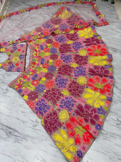 Premium Georgette Lehenga Choli with Multicolor Embroidery, Heavy Sequins Work, Dupatta, Bridal Wedding, Indian Festive Wear