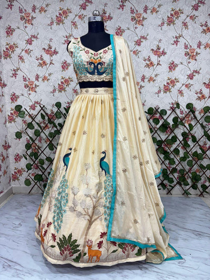 Premium Chinon Silk Lehenga with Multicolor Thread Embroidery, Heavy Sequins & Lace Border Dupatta – Bridal, Party And Festival Wear