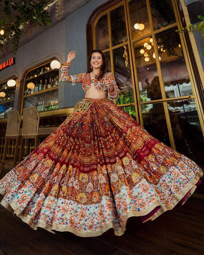 Designer Printed Lehenga Choli in Heavy Butter Silk with Real Mirror Work & Matching Dupatta – Elegant Festive Wear