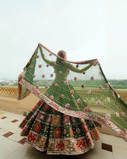 Traditional Navratri Lehenga Choli with Muslin Cotton Fabric, Digital Print & Real Mirror Work – Festive Wear