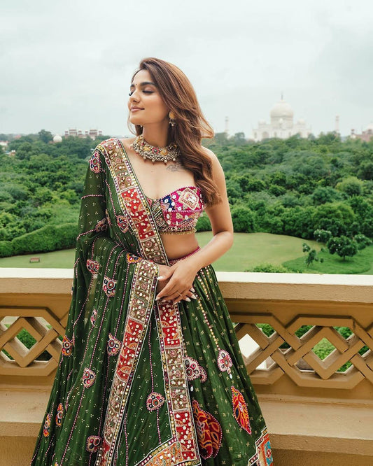 Traditional Navratri Lehenga Choli with Muslin Cotton Fabric, Digital Print & Real Mirror Work – Festive Wear