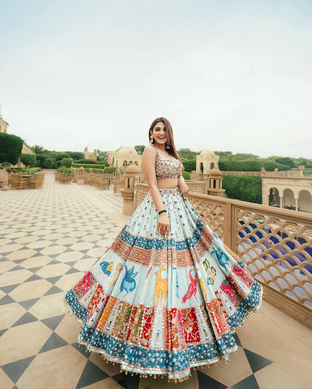 Designer Navratri Lehenga Choli Set in Heavy Muslin Cotton with Digital Prints & Real Mirror Work – Traditional Garba Wear