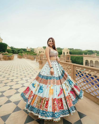 Designer Navratri Lehenga Choli Set in Heavy Muslin Cotton with Digital Prints & Real Mirror Work – Traditional Garba Wear