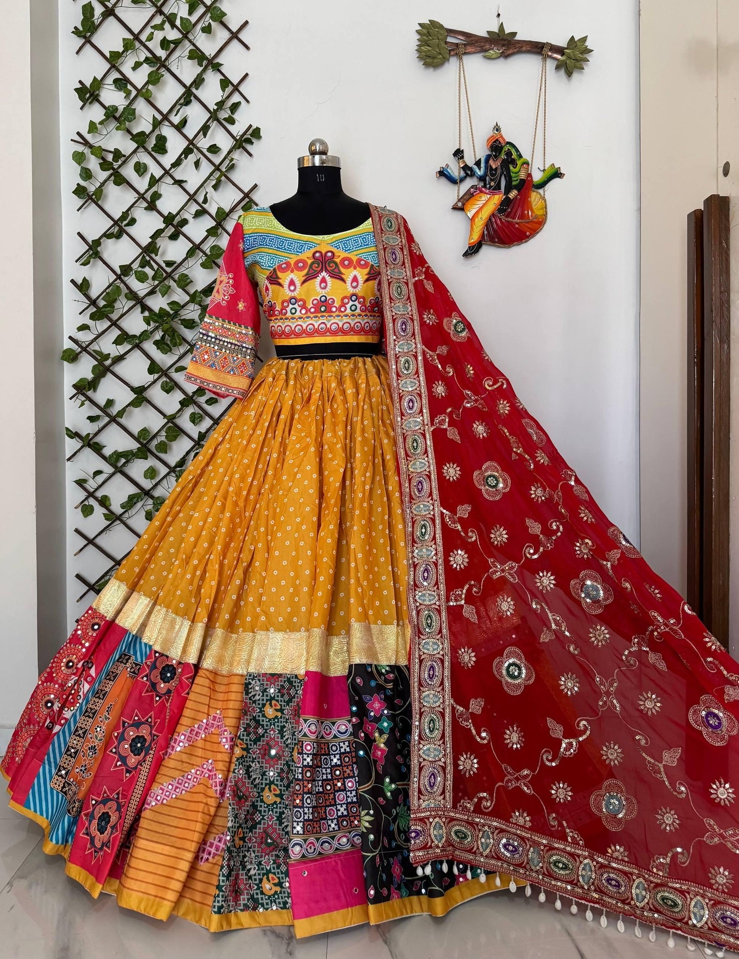 Navratri Special Muslin Cotton Chaniya Choli with Digital Print, Real Mirror & Zari Lace Work, Georgette Embroidered Dupatta
