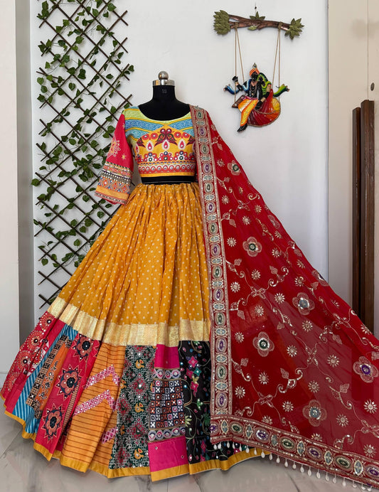 Navratri Special Muslin Cotton Chaniya Choli with Digital Print, Real Mirror & Zari Lace Work, Georgette Embroidered Dupatta