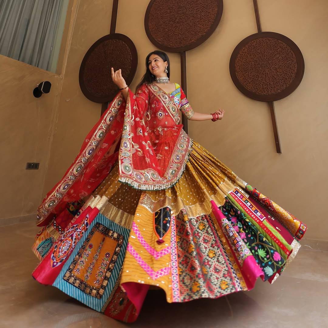 Navratri Special Muslin Cotton Chaniya Choli with Digital Print, Real Mirror & Zari Lace Work, Georgette Embroidered Dupatta