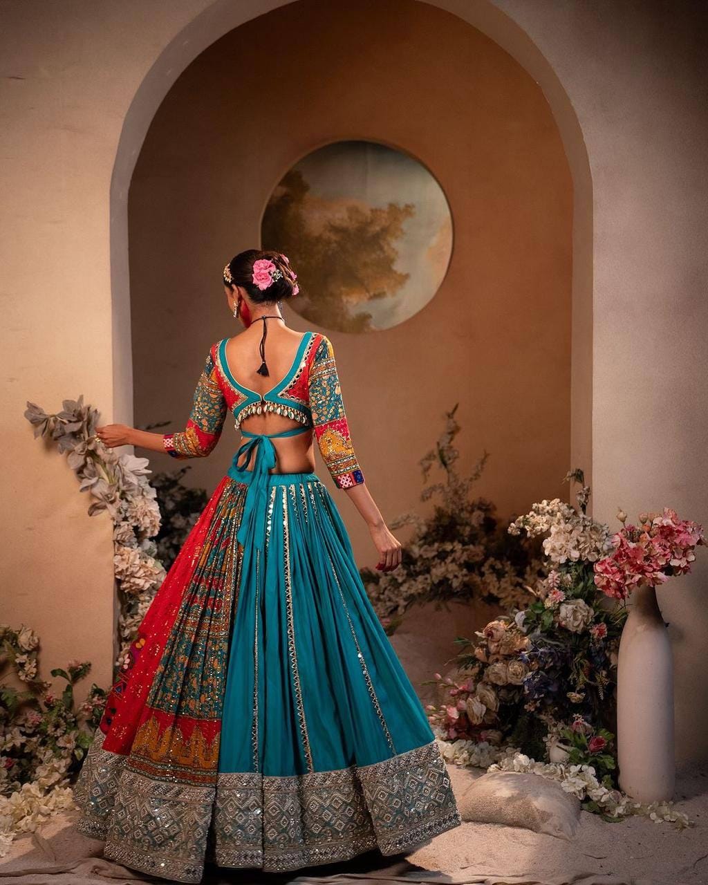 Navratri Special Muslin Cotton Lehenga Choli with Printed Design, Real Mirror Work & Handcrafted Lace Dupatta – Festive Garba Wear