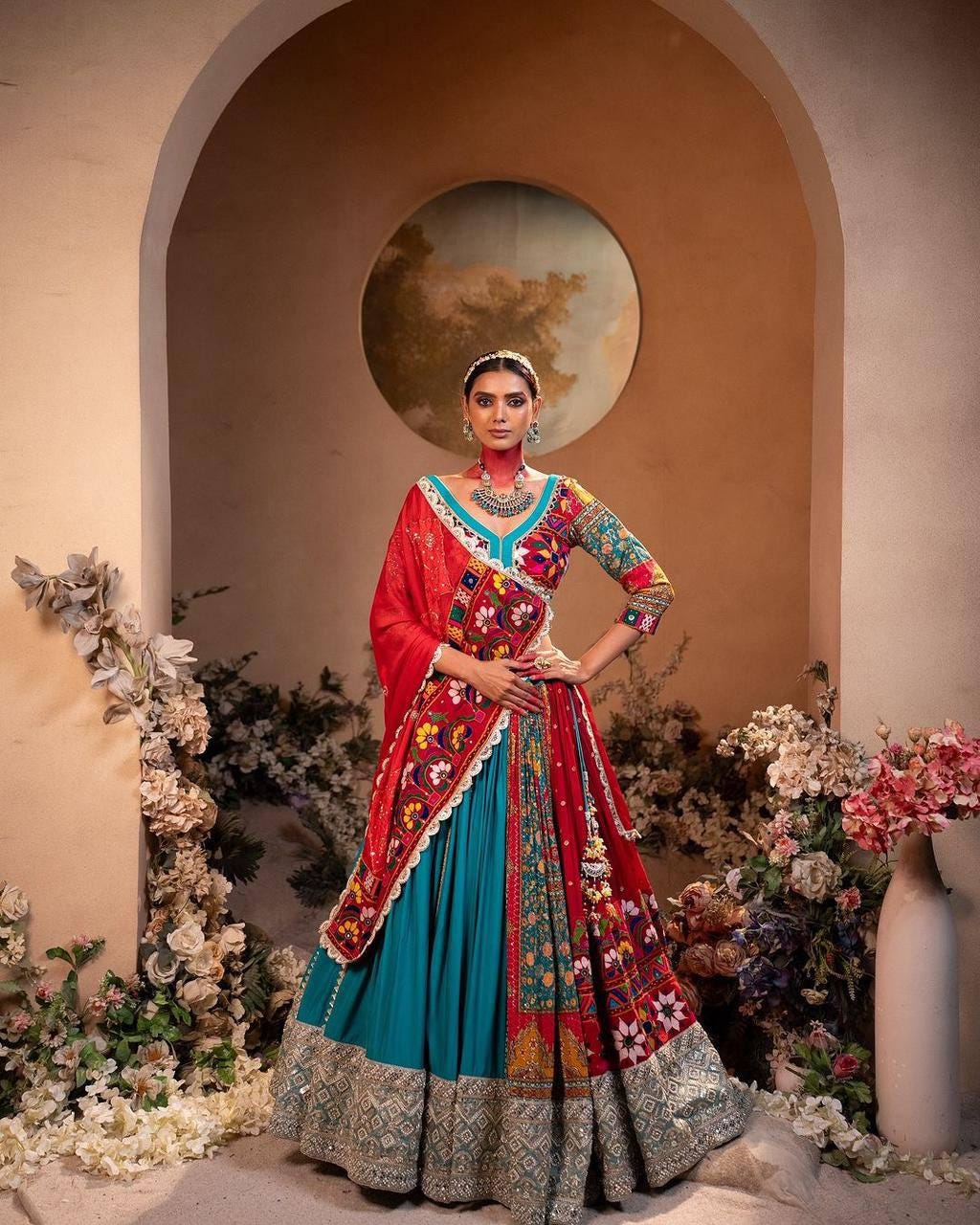 Navratri Special Muslin Cotton Lehenga Choli with Printed Design, Real Mirror Work & Handcrafted Lace Dupatta – Festive Garba Wear