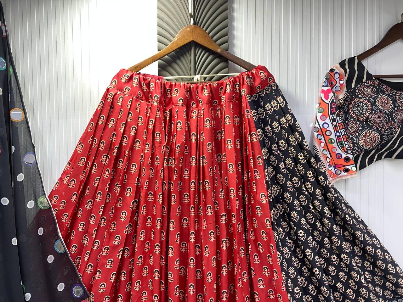 Gujarati Navratri Garba Outfit Mirror Work Lehenga Choli with Printed Reyon, Real Mirror & Mal Cotton Dupatta – Festive Ethnic Lehenga