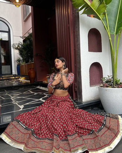 Gujarati Navratri Garba Outfit Mirror Work Lehenga Choli with Printed Reyon, Real Mirror & Mal Cotton Dupatta – Festive Ethnic Lehenga