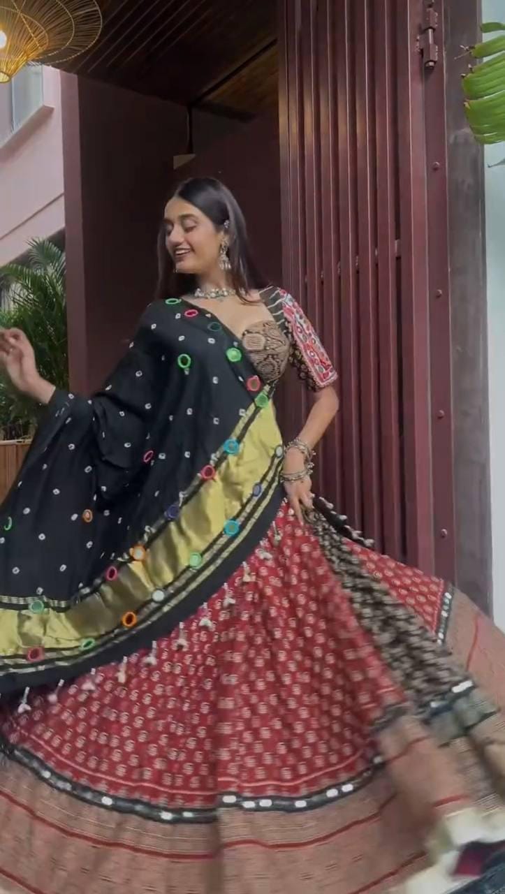 Gujarati Navratri Garba Outfit Mirror Work Lehenga Choli with Printed Reyon, Real Mirror & Mal Cotton Dupatta – Festive Ethnic Lehenga