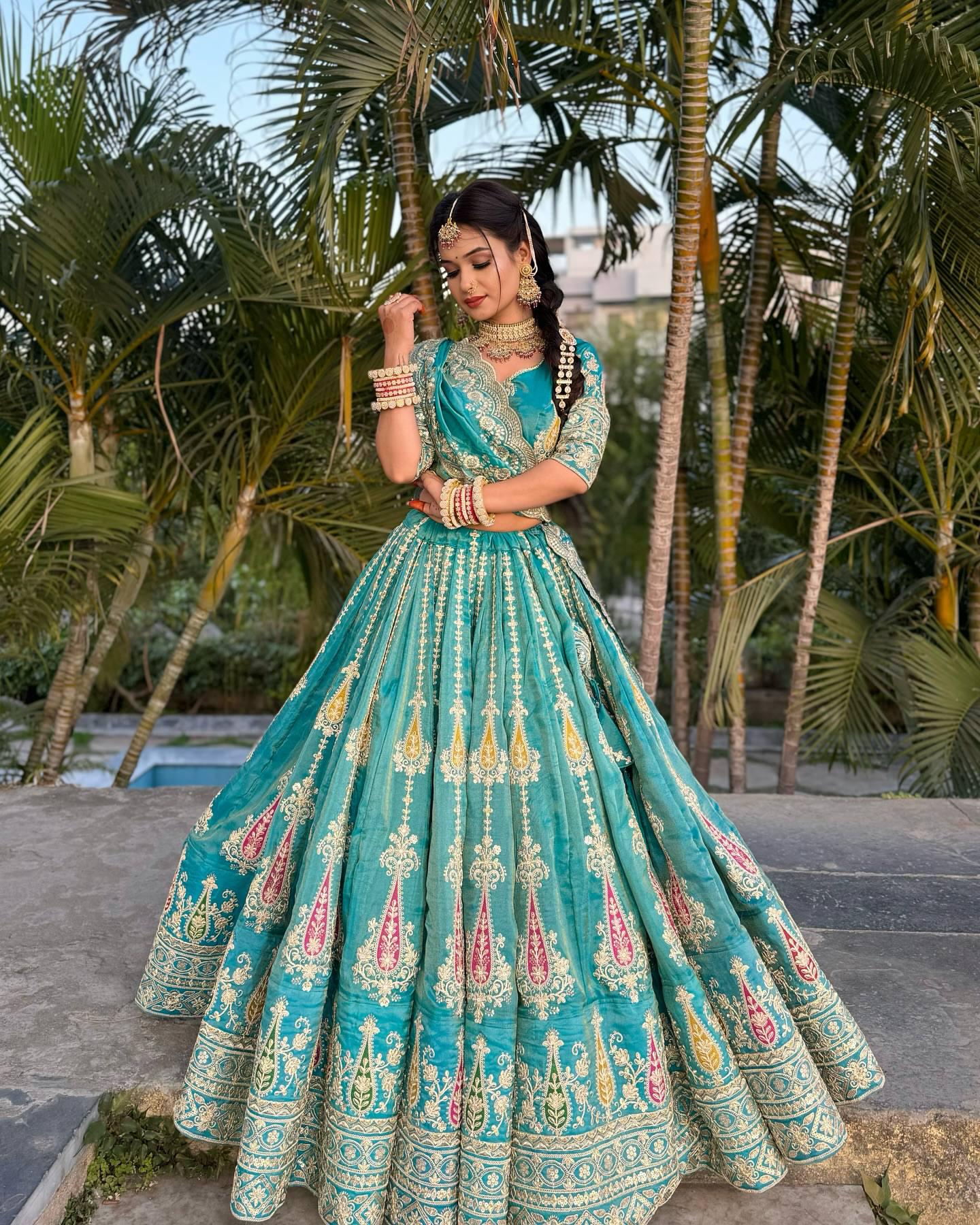 Gujarati Navratri Garba Outfit Embroidered Lehenga Choli with Sequins & Thread Work – Elegant Cosmos Simmer Festival Lehenga Set