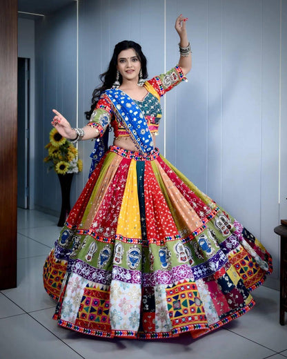 Gujarati Navratri Garba Lehenga Choli with Real Mirror Work, Digital Print & Fancy Lace – Festive Ethnic Lehenga Dupatta Set