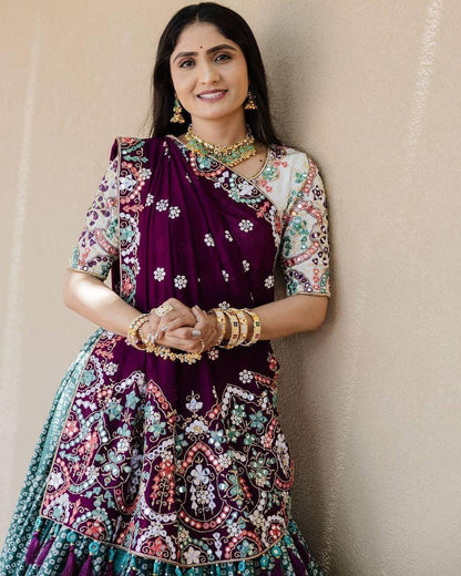 Gujarati Navratri Garba Outfit Mirror Work Lehenga Choli with Digital Print & Resham Lace – Festive Ethnic Muslin Cotton Lehenga Set